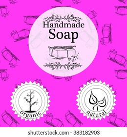 Vector set of seamless patterns, labels and logo design templates for hand made soap packaging and wrapping paper.