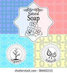 Vector set of seamless patterns, labels and logo design templates for handmade natural soap packaging and wrapping paper.