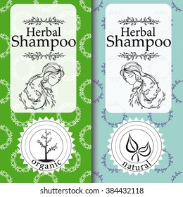 Vector Set Of Seamless Patterns, Labels And Logo Design Templates For Natural Herbal Shampoo Packaging And Wrapping Paper.