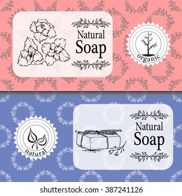 Vector set of seamless patterns, labels and logo design templates for handmade natural soap packaging and wrapping paper.