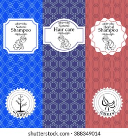 Vector set of seamless patterns, labels and logo design templates for natural herbal shampoo packaging and wrapping paper.