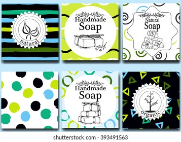 Vector set of seamless patterns, labels and logo design templates for handmade natural soap packaging and wrapping paper.