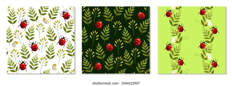 Vector set of seamless patterns with ladybugs. Low poly style insects. Colorful wallpaper for textile and fabric, package. Fashion style.