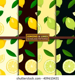 Vector set of seamless patterns with lemons and limes. 