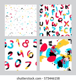 Vector set of seamless patterns with letters, numbers and abstraction. Collection of colorful patterns for fabric, polygraphy, web, game design.