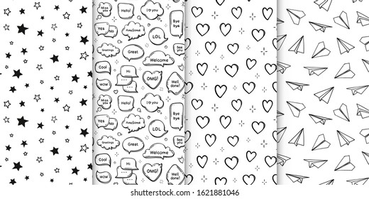 Vector set of seamless patterns. Line hearts, airplanes, stars, speech bubbles. Background