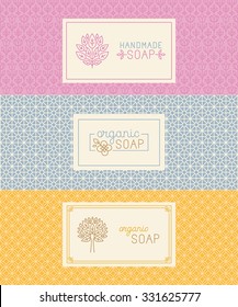 Vector set of seamless patterns, linear labels and mono line logo design templates for hand made soap packaging and wrapping paper