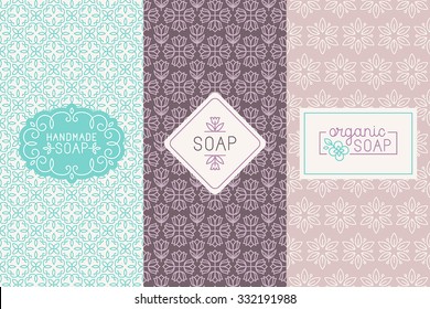 Vector set of seamless patterns, linear labels and mono line logo design templates for hand made soap packaging and wrapping paper
