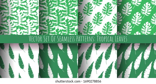 Vector set of seamless patterns made of tropical green leaves of monstera and banana palm in green and white colors. Endless exotic textures.