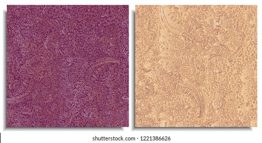 Vector set of seamless patterns with manual drawing of curved lines, various geometric patterns in the technique of doodles and zenart, continuous, gradient colors, soft, purple and peach background.