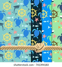 Vector set of seamless patterns marine animals and nautical objects in different color and position. Cute backgrounds for textile, scrapbook paper or gift envelope, wrapping paper.