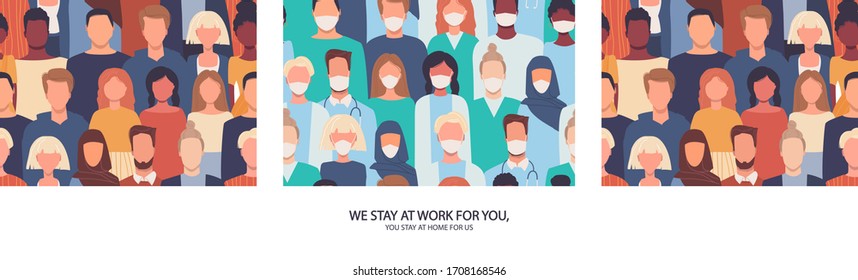 Vector Set Of Seamless Patterns. Modern Society, Medical Staff. Endless Texture, Print, Wallpaper, Background. Thank You Doctors, Nurses. Motivation. We Stay At Work For You. Stay At Home. Stay Safe