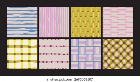 Vector set of seamless patterns. Modern backgrounds and textures for packaging, textile, wrapping paper. Multicolored checkered lines and confetti, polka dots, checkerboard, striped pattern.