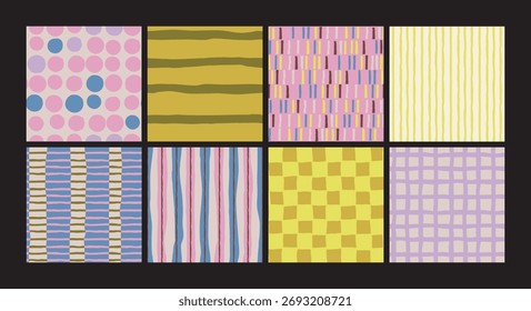 Vector set of seamless patterns. Modern backgrounds and textures for packaging, textile, wrapping paper. Multicolored checkered lines and confetti, polka dots, checkerboard, striped pattern.