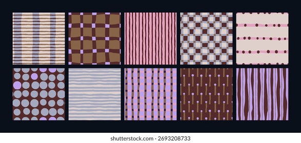 Vector set of seamless patterns. Modern backgrounds and textures for packaging, textile, wrapping paper. Multicolored checkered lines and confetti, polka dots, checkerboard, striped pattern.