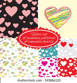 Vector set. Seamless patterns and vector object romantic heart.