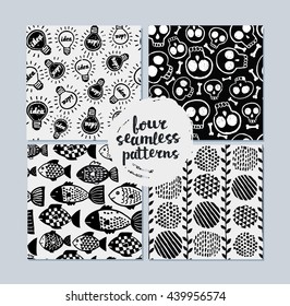 Vector set of seamless patterns on different layers. Abstract background with brush strokes. Monochrome hand drawn black and white background in ink