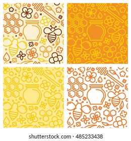 Vector set of seamless patterns and packaging design templates with icons in trendy linear style - natural and farm honey