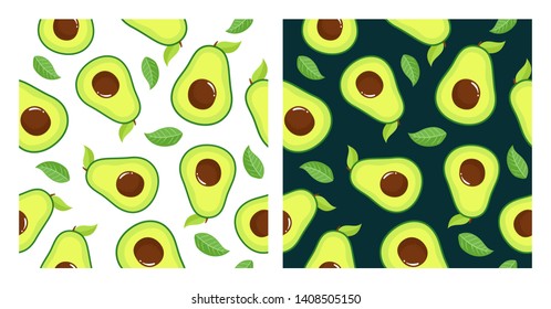 Vector set of seamless patterns. Pattern of avocado and leaves. White and dark green background.