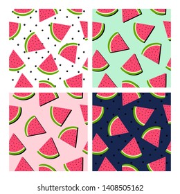 Vector set of seamless patterns. Pattern of watermelon and dots. White, dark blue, pink and mint background.