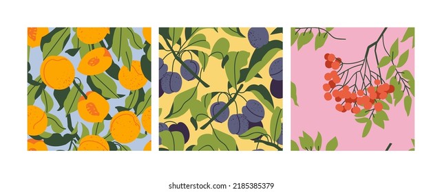 Vector set of seamless patterns with peach, plum and rowanberry fruits. Abstract design for paper, cover, fabric