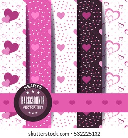 Vector set of seamless patterns from pink hearts for Valentin's Day.