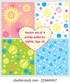 Vector set of seamless patterns polka dots and abstract  floral, pastel colors