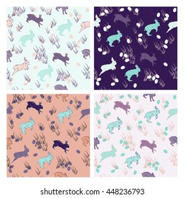 Vector set seamless patterns and rabbits  Hand drawn  Retro colored rabbit pattern for textile  paper  polygraphy  game  web design