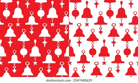 Vector set of seamless patterns with red and white silhouettes of Christmas bells. Collection of holiday wallpapers with xmas decorations. Monochrome wrapping papers with festive bells