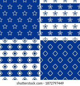 Vector set of seamless patterns with repeating white and blue nautical ornament. Geometric rope shapes on blue and horizontal wide stripes background. For design of wallpaper, cover, wrapping, fabric