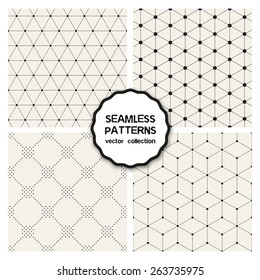 Vector set of seamless patterns. Repeating geometric tiles. Collection of minimalistic textures. Hexagons, triangles and rhombuses from circles. Dotted regular simple prints. Modern graphic design.