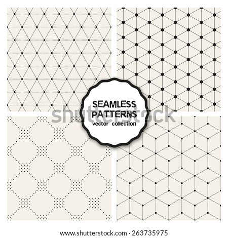 Vector set of seamless patterns. Repeating geometric tiles. Collection of minimalistic textures. Hexagons, triangles and rhombuses from circles. Dotted regular simple prints. Modern graphic design.