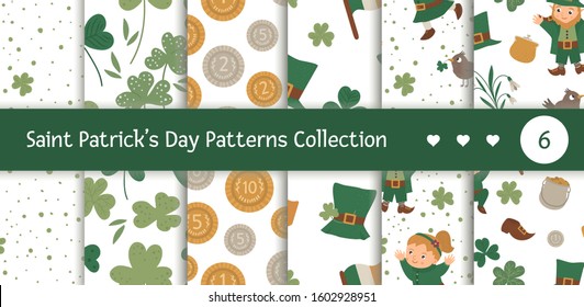 Vector set of seamless patterns with Saint Patrick’s Day symbols. National Irish holiday repeating background. Cute funny flat leprechaun texture