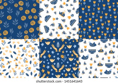 Vector set of seamless patterns in Scandinavian and Folk art style