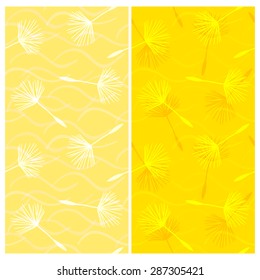 Vector set of seamless patterns with seeds of dandelion and wavy stripes in yellow and orange colors. Eps 10.