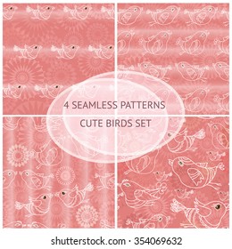 Vector set seamless patterns with silhouette cartoon  birds. For your design, textile, fabric, surface textures, packaging, scrapbooking.