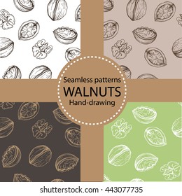 Vector set of seamless patterns with sketches of walnuts. Linear nuts silhouettes.
