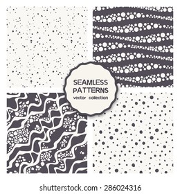 Vector set of seamless patterns. Spotty modern backgrounds. Hipster stylish textures. Contemporary graphic design. Monochrome dotted waves. Randomly disposed fine spots.