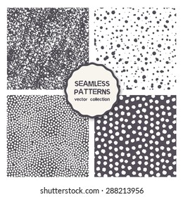 Vector set of seamless patterns. Spotty modern backgrounds. Hipster stylish textures. Contemporary graphic design. Monochrome dots, randomly disposed fine spots, snowy patterns. Chaotic noisy texture.