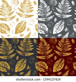 Vector set of seamless patterns from stamps of autumn leaves.Hand drawn.
Background for autumn packaging design, postcards, fabrics, wrapping paper, textiles, wallpaper.