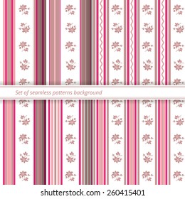Vector set of seamless patterns, stripes with flower