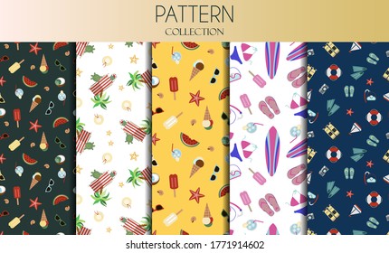 Vector set of seamless patterns with summer accessories a swimsuit, surfboard, flip-flops, a set for snorkeling, diving balloons and cooling drinks. The background is depicted on a notebook and coffee