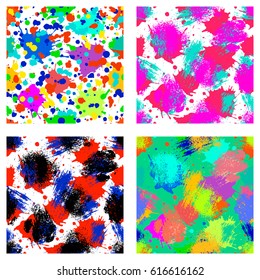Vector set of seamless patterns, tiles with inc splash, blots, smudge and brush strokes. Grunge endless template for web background, prints, wallpaper, surface, wrapping, repeat elements for design.