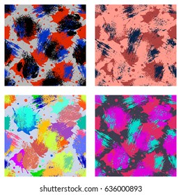 Vector set of seamless patterns, tiles with inc splash, blots, smudge and brush strokes. Grunge endless template for web background, prints, wallpaper, surface, wrapping, repeat elements for design.
