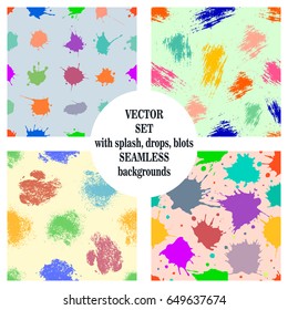 Vector set of seamless patterns, tiles with inc splash, blots, smudge and brush strokes. Grunge endless template for web background, prints, wallpaper, surface, wrapping, repeat elements for design.