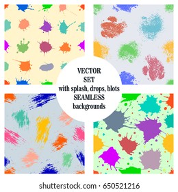 Vector set of seamless patterns, tiles with inc splash, blots, smudge and brush strokes. Grunge endless template for web background, prints, wallpaper, surface, wrapping, repeat elements for design.
