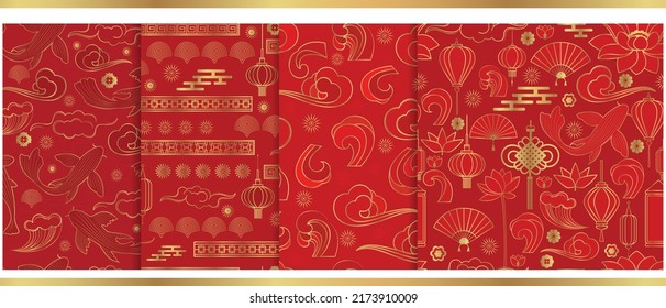 Vector set of seamless patterns with traditional Asian elements. Chinese background.