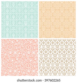 Vector set of seamless patterns in trendy linear style with flowers and leaves - backgrounds for websites and packaging for florists