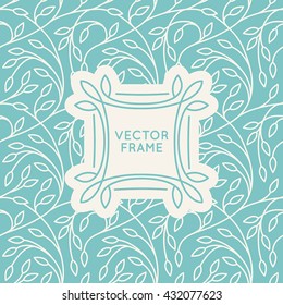 Vector set of seamless patterns in trendy linear style with leaves and frame with copy space for text - backgrounds for websites and packaging for cosmetics products, florists, wedding invitations