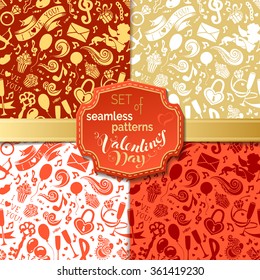 Vector set of seamless patterns for Valentine's Day. Red, gold and white boundless backgrounds for romantic design. Can be used for web page backgrounds, wallpapers, congratulations and invitations.